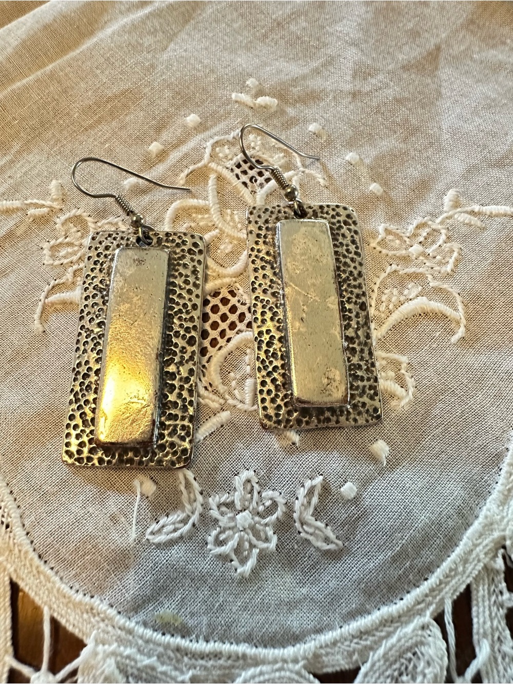 Vintage Silver Tone Geometric Dangle Earrings Textured Rectangle